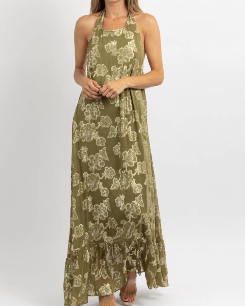Front of a model wearing a size L Halter Maxi Dress In Andie Olive, Gold in Andie Olive, Gold by DRESS FORUM. | dia_product_style_image_id:353972